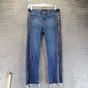 Liverpool Jeans Womens Size 2 Blue Studded Side Stripe Raw Hem Stretch Cropped